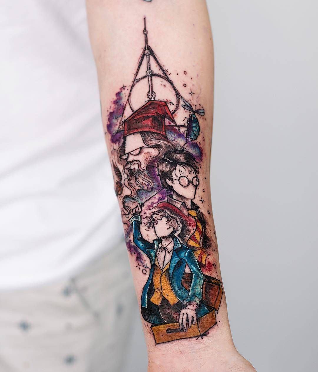tatouage Harry Potter sur l'avant-bras tattoo coloré