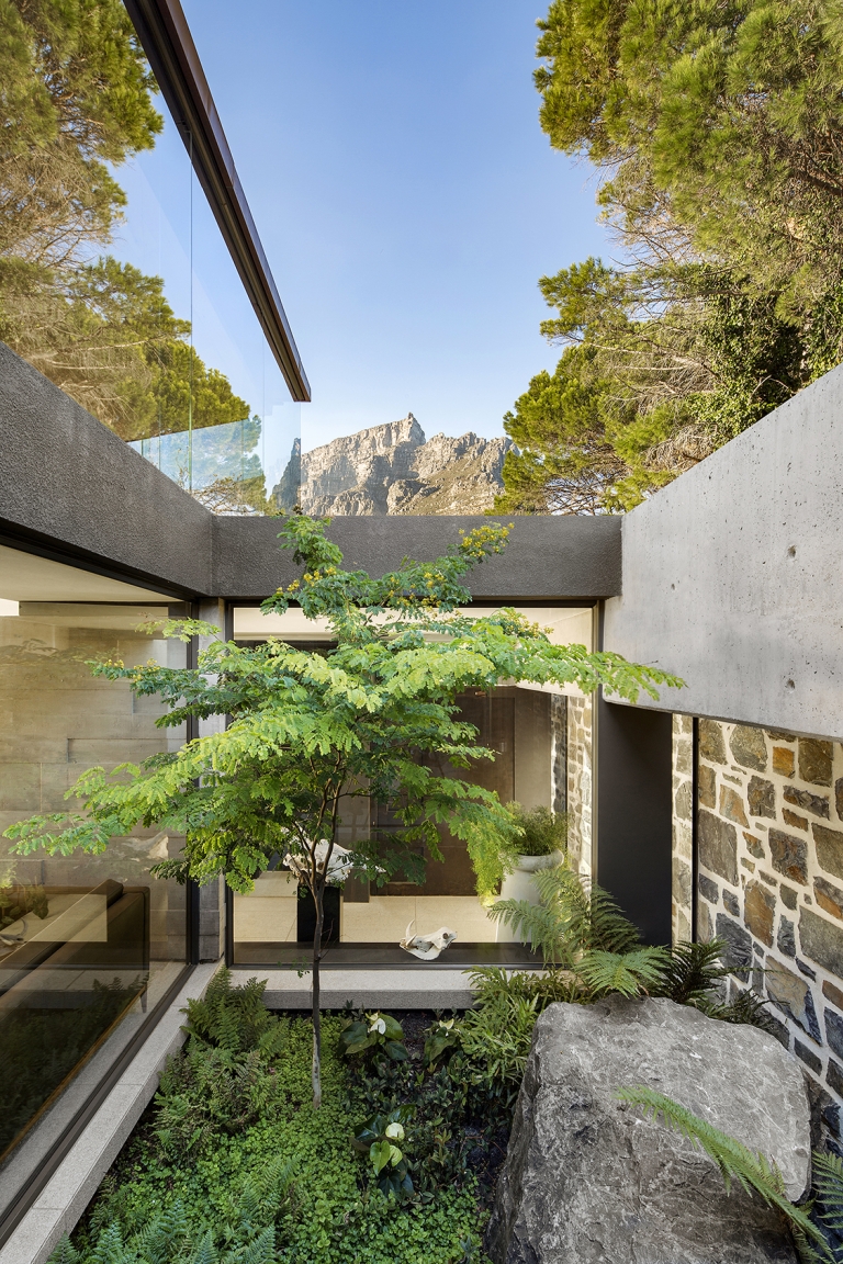 jardin intérieur moderne vue panoramique montagne