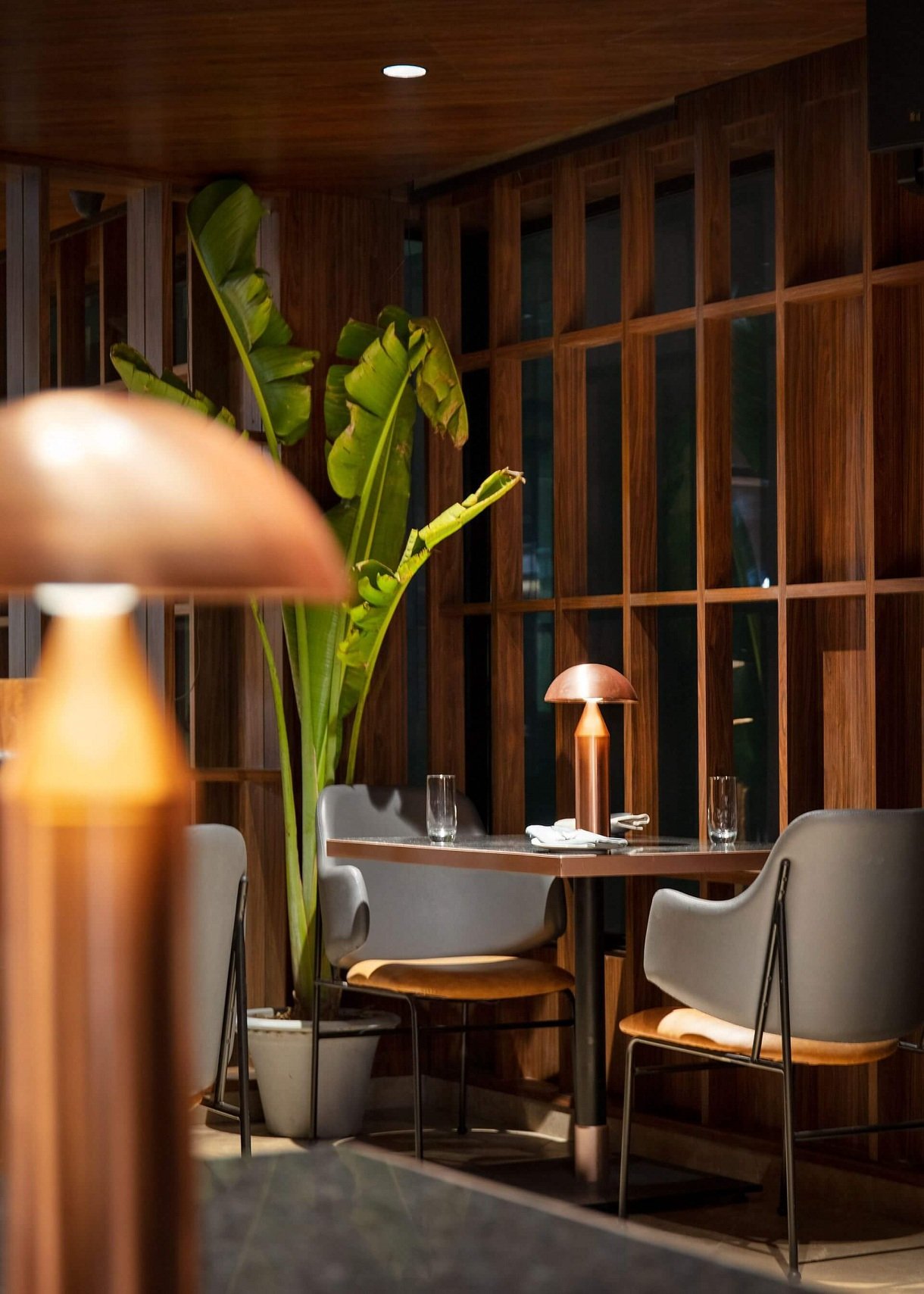 bois de teck restaurant intérieur moderne luminaires rose doré séparateur élégant