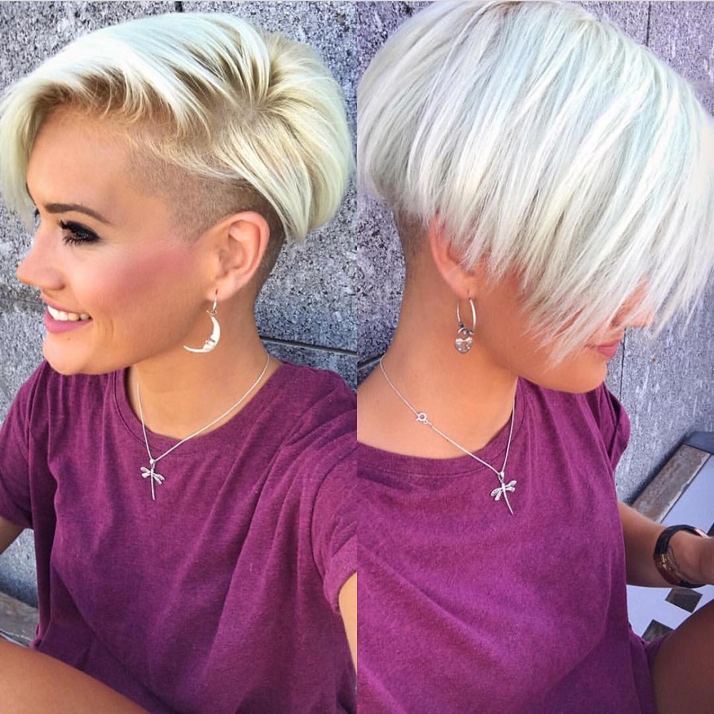 Long shaved haircut on a platinum blonde woman
