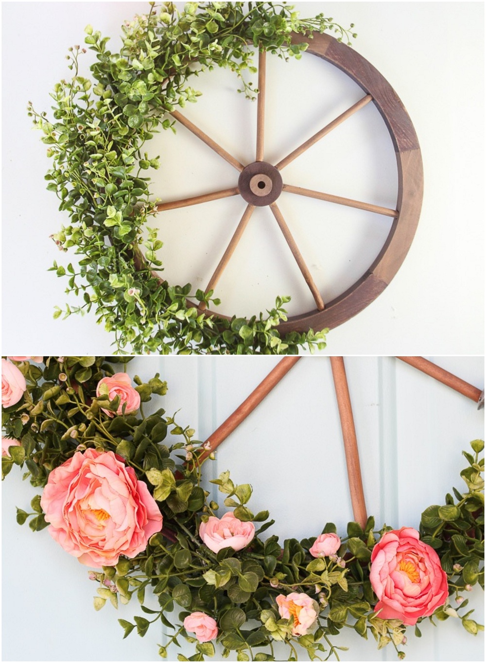 décoration été DIY roue de wagon eucalyptus et fleurs roses