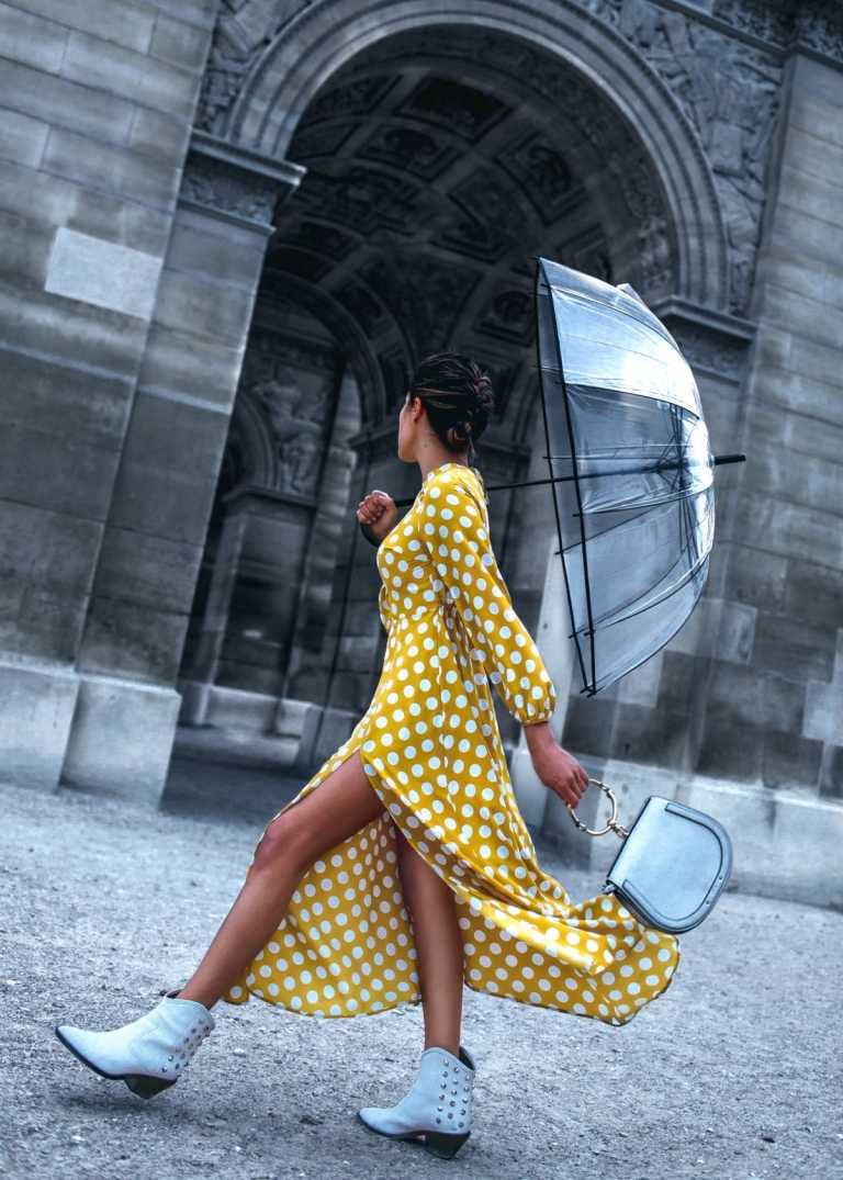 longue robe jaune polka dots bottes outfit de pluie moderne