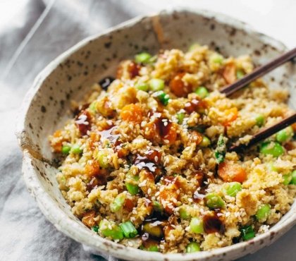 riz de chou fleur avec saumon sauce sésame légumes