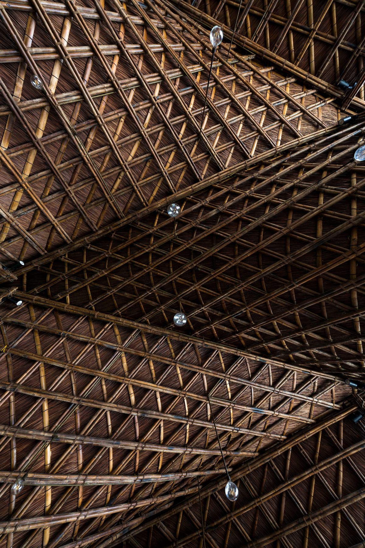structure en bambou ampoules électriques plafond ondulé architecture écologique