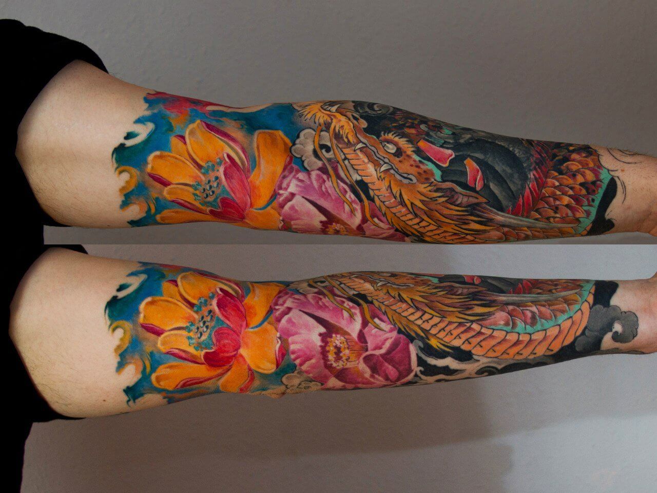 tatouage dragon japonais bras gomme inkage coloré manchette
