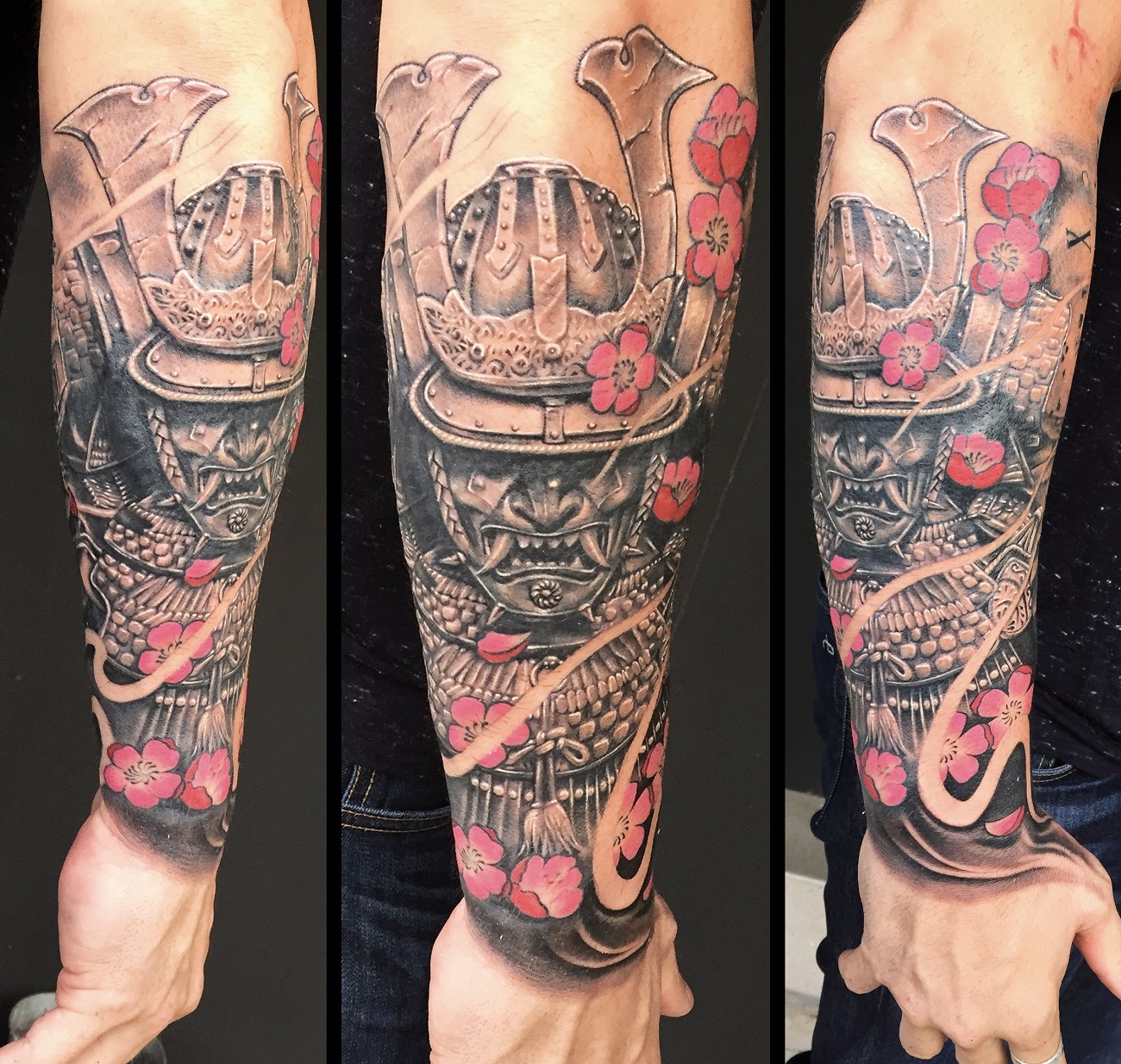 tatouage japonais avant bras samuraï et fleurs roses