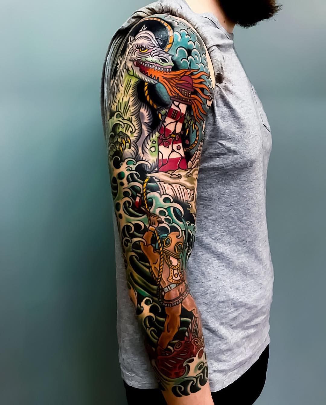 tatouage japonais bras complet motifs populaires vagues dragon