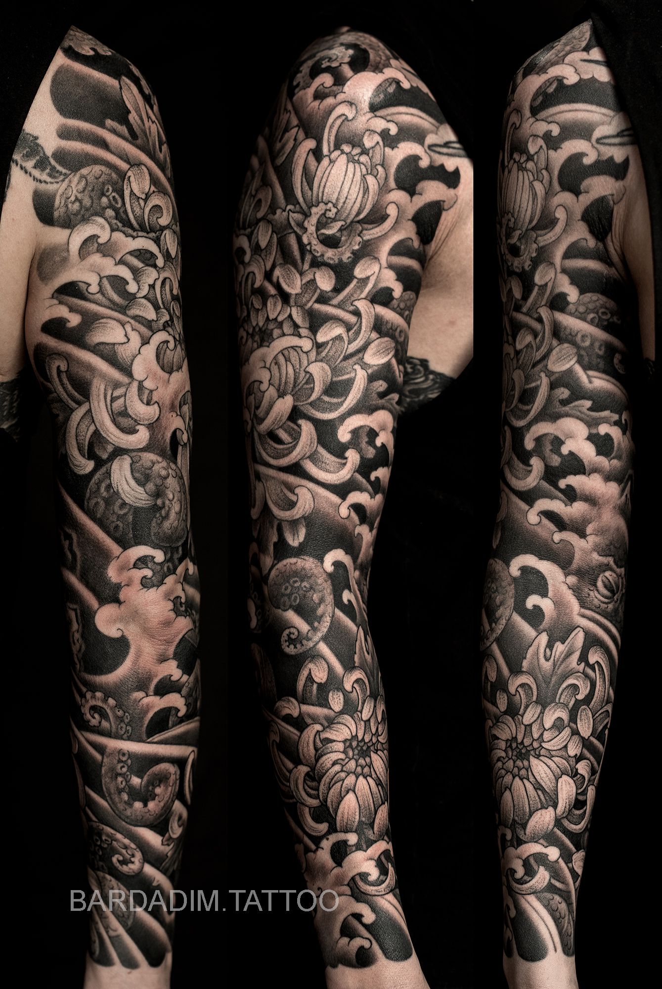 tatouage japonais sur le bras inkage noir et blanc