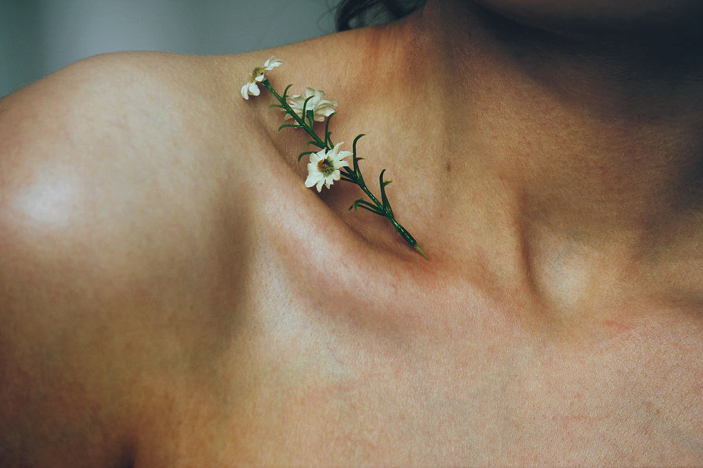 tattoo femme clavicule fleur camomille jeu viseul