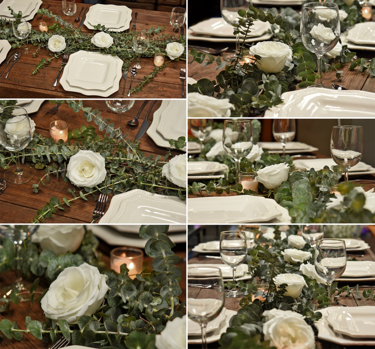 DIY chemin de table eucalyptus roses blanches bougies