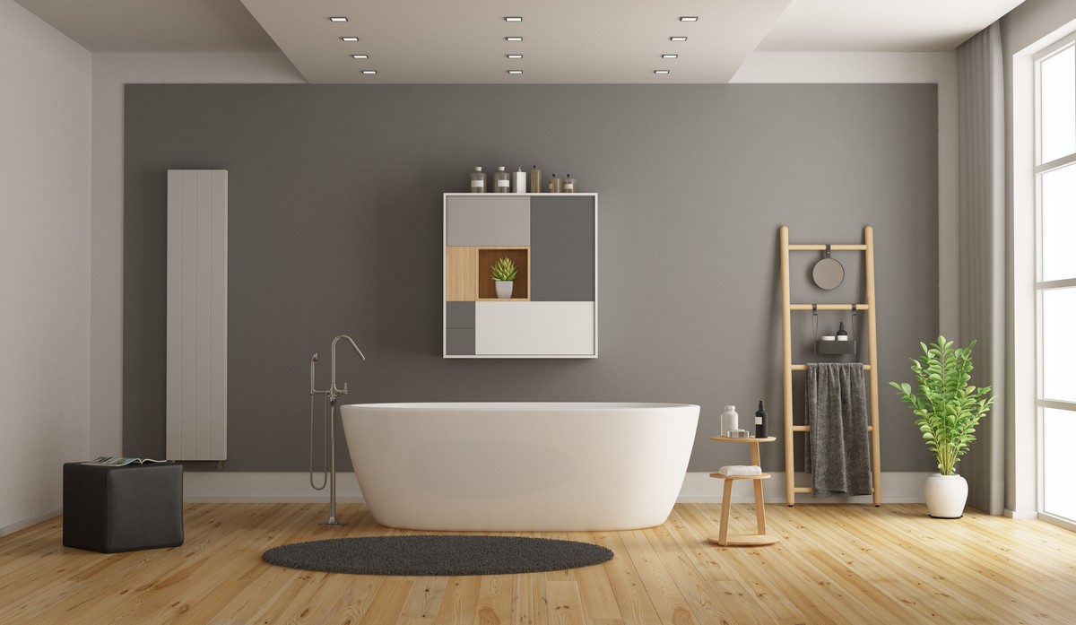 baignoire autoportante peinture grise salle de bain dernier cri parquet bois