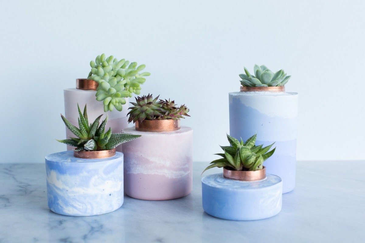 bricolage en béton DIY pots de fleurs effet marbre plantes succulentes