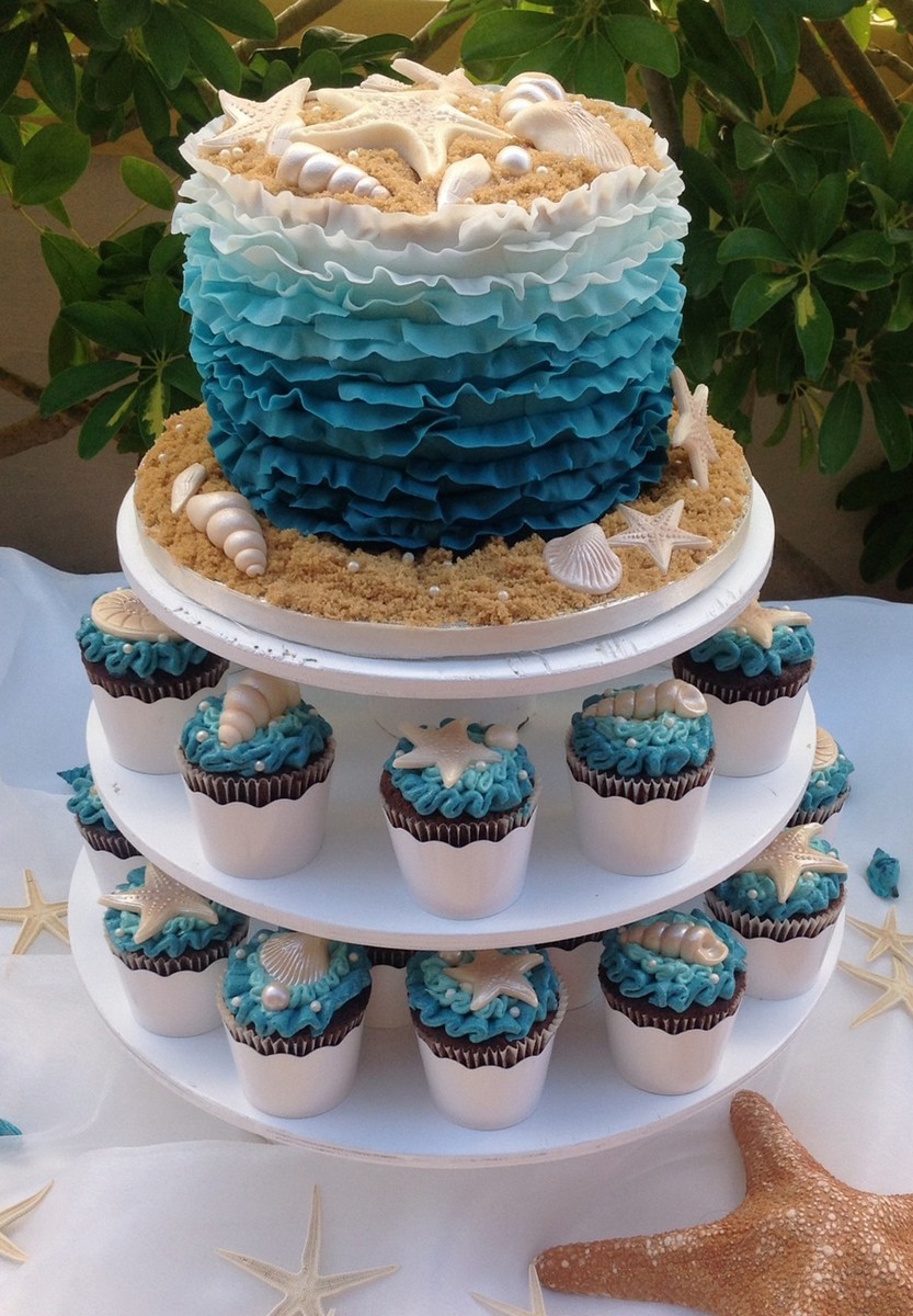 decoration gateau anniversaire effet ombré coquillages de mer cupcakes assortis