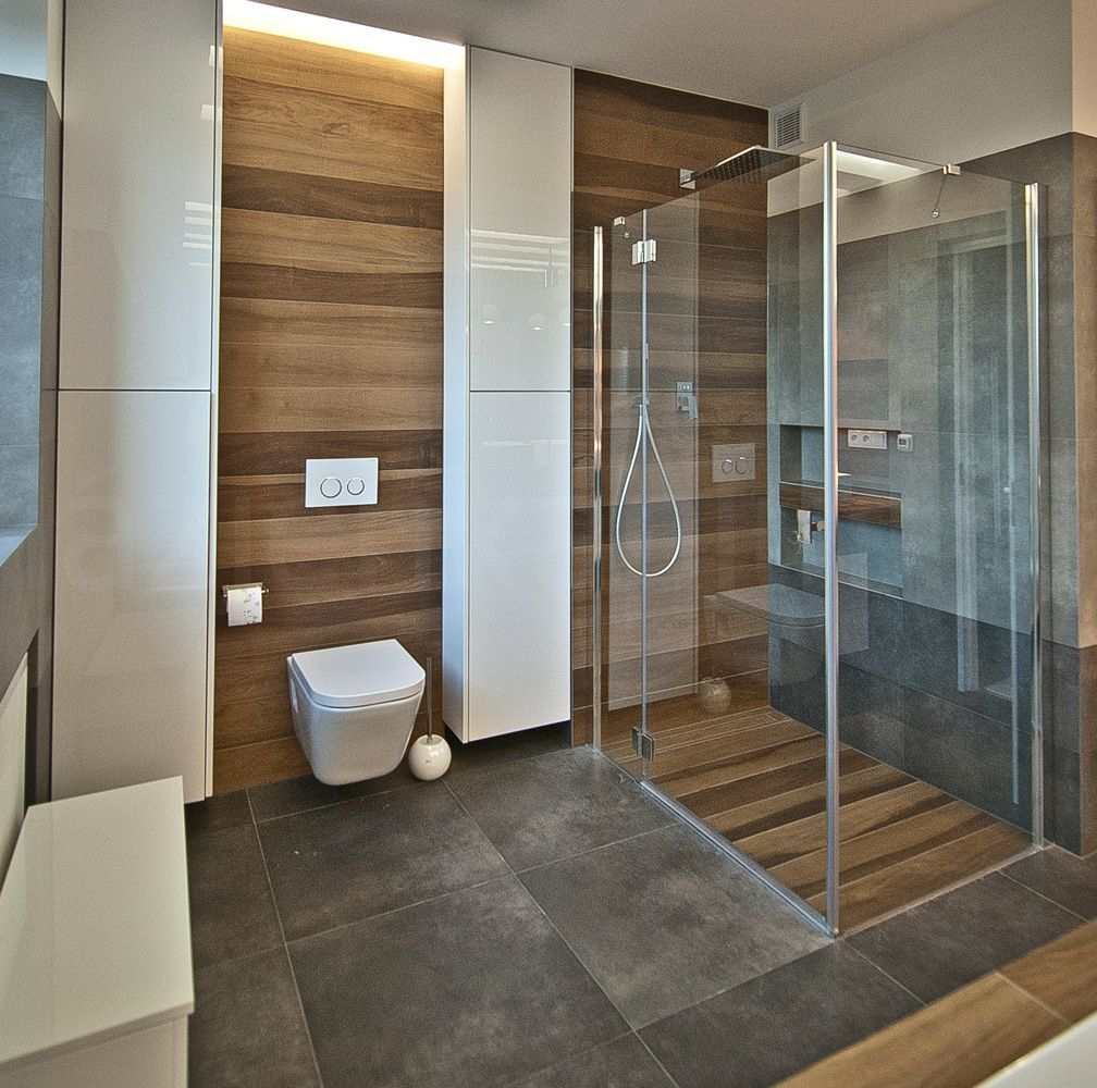 grande salle de bain en gris déco bois ambiance épurée