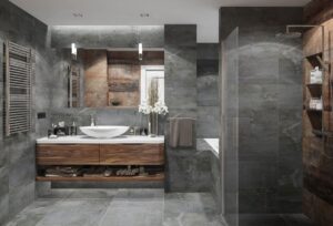 grande salle de bain gris et bois douche XXL