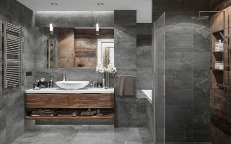 grande salle de bain gris et bois douche XXL