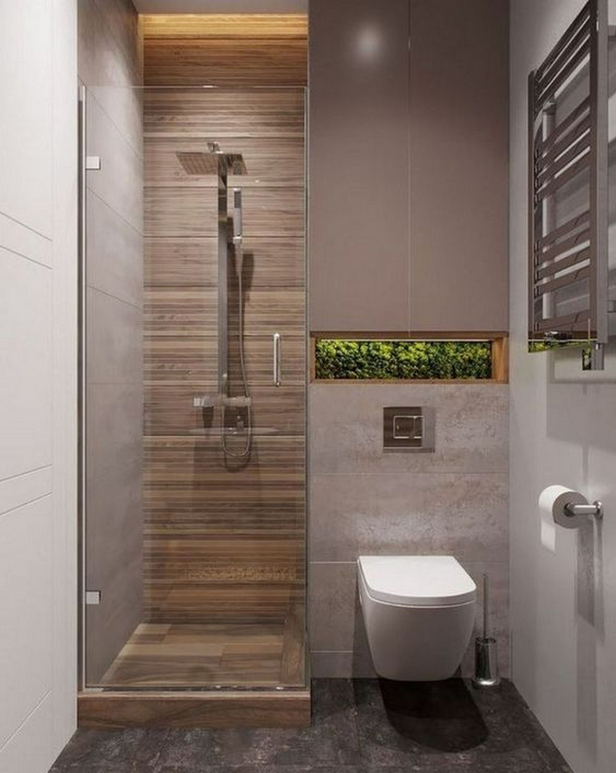 petite salle de bain grise cabine de douche bois touche de verdure