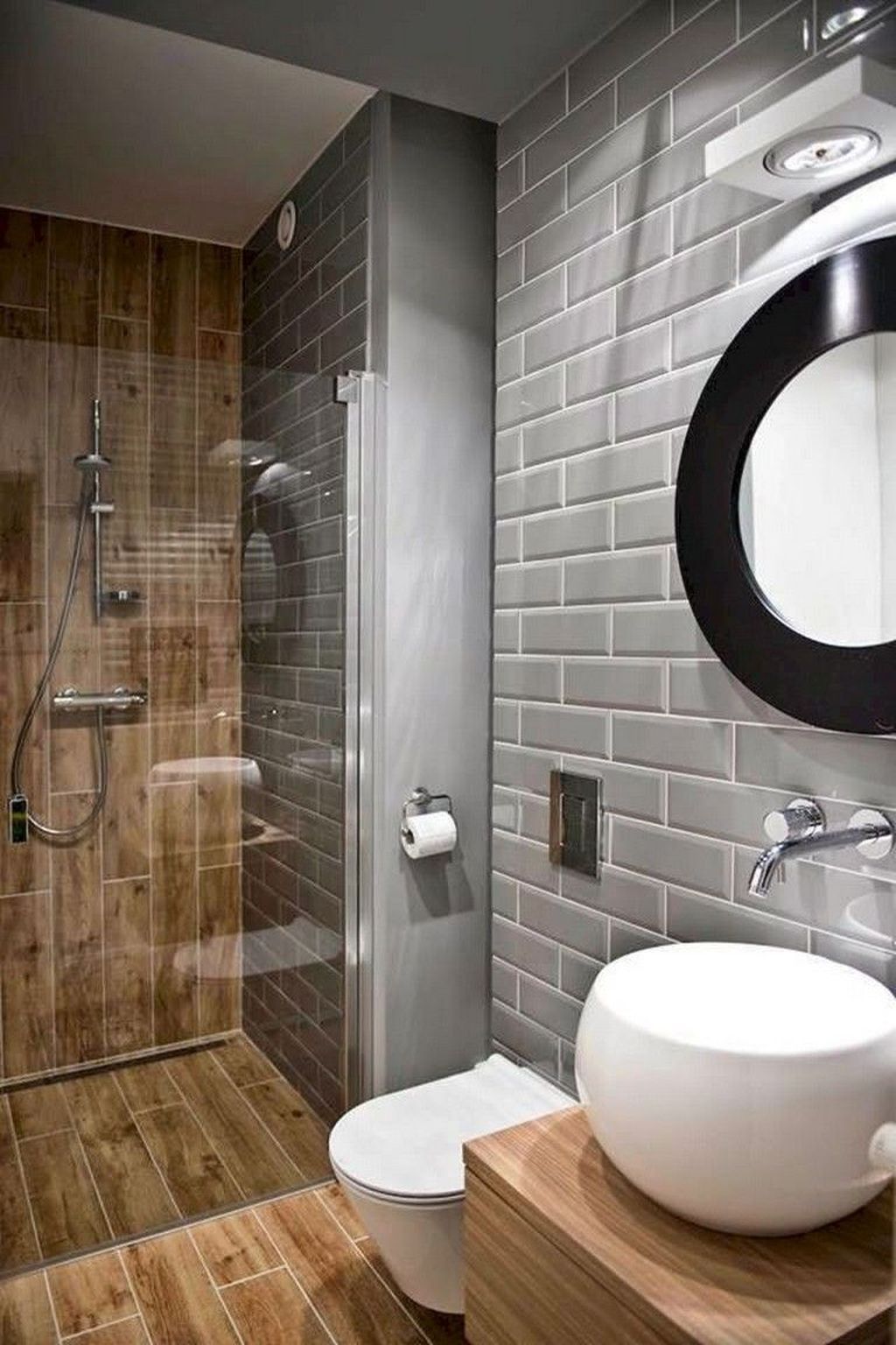 salle de bain bois clair peinture grise effet briques