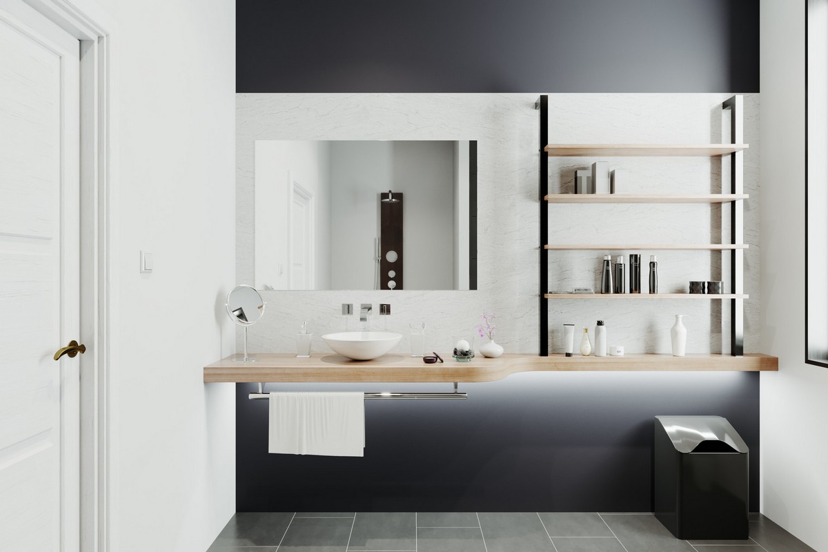 salle de bain bois et gris foncé décoration moderne