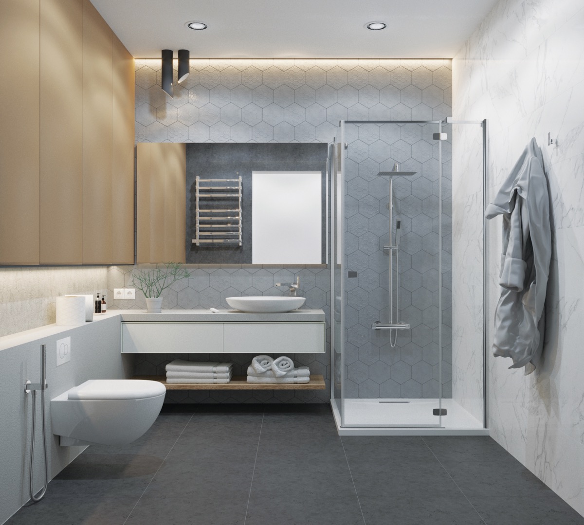 salle de bain contemporaine déco grise panneaux muraux en bois cabine de douche