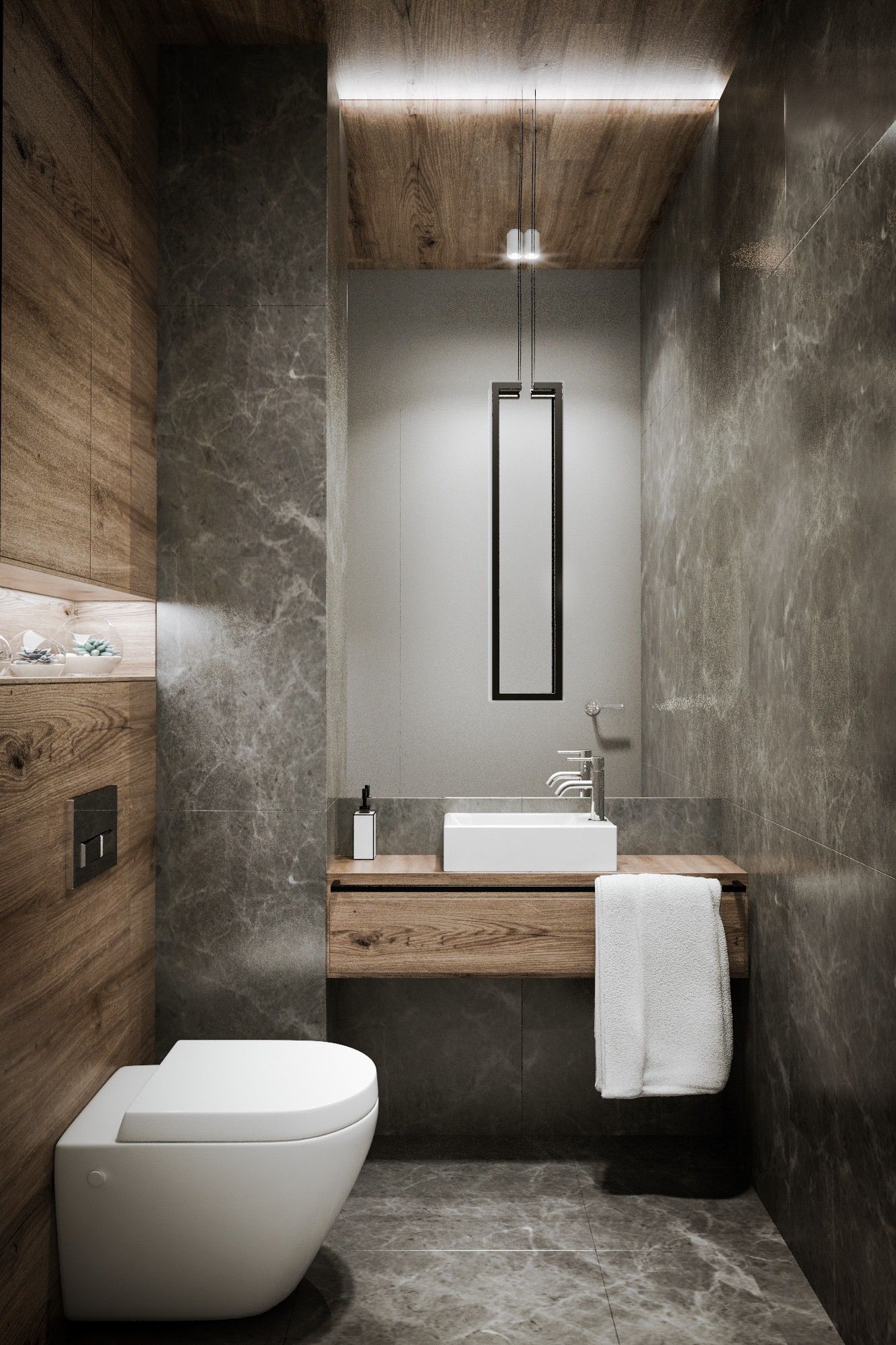 salle de bain gris anthracite et bois petit espace accessoires déco
