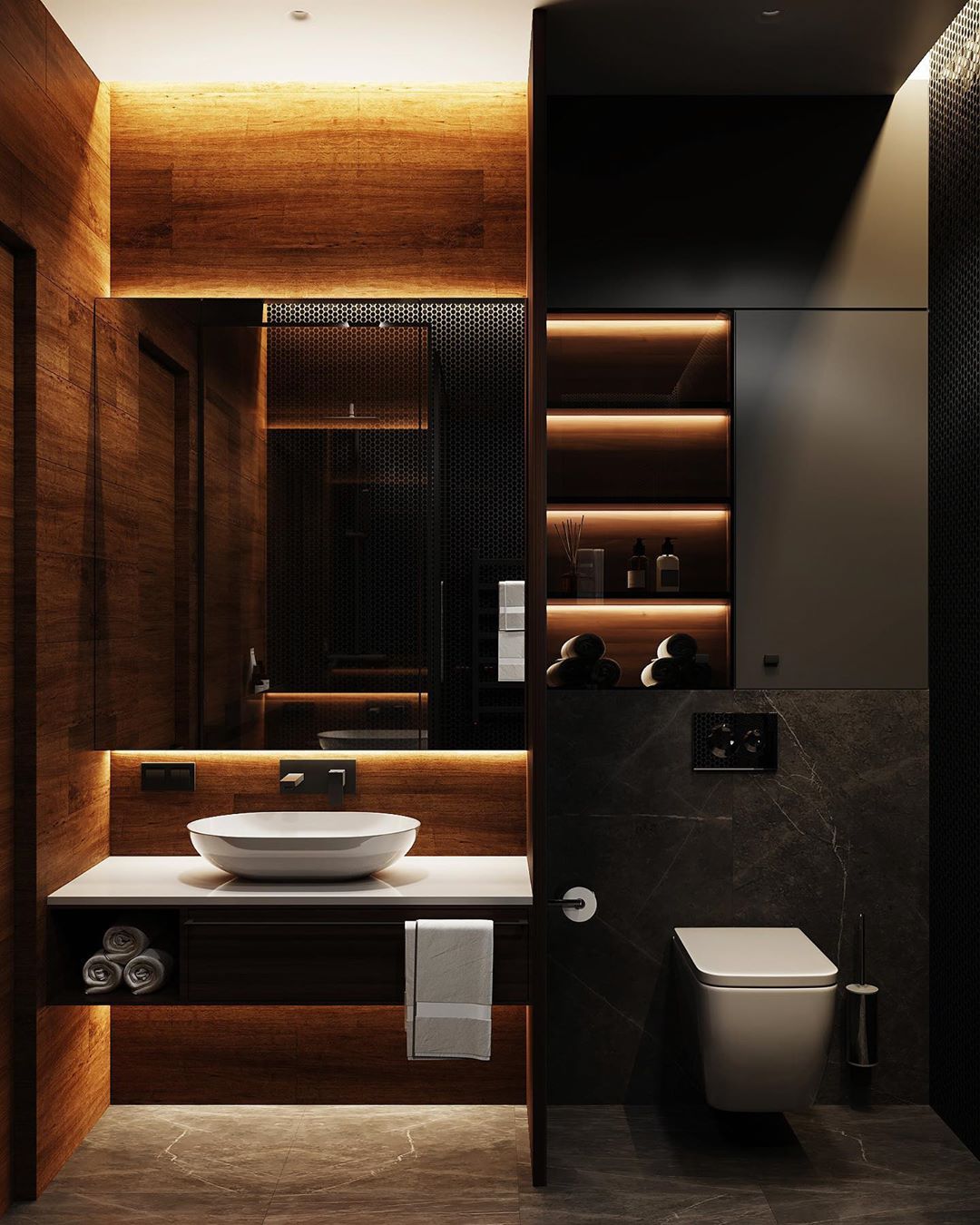salle de bain gris anthracite et bois rétroéclairage déco moderne