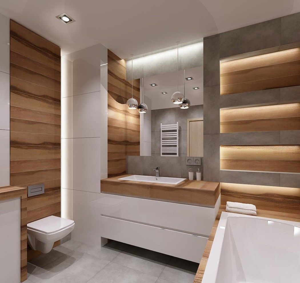 salle de bain gris blanc bois claire éclairage moderne déco minimaliste