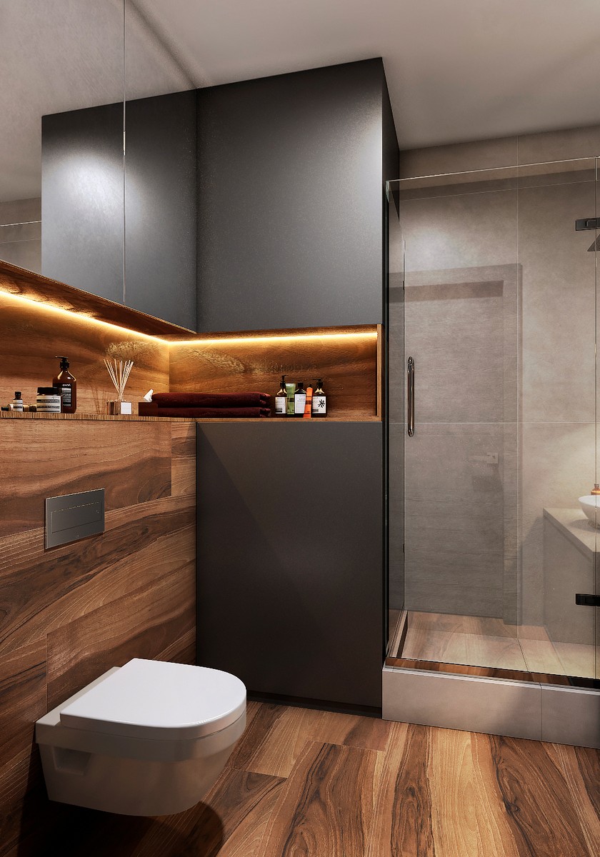 salle de bain gris bois foncé éclairage intégré