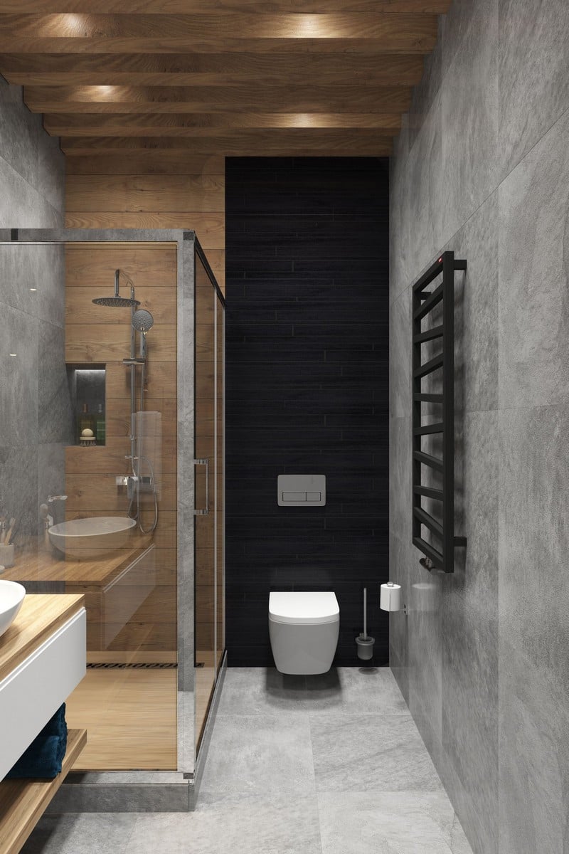 salle de bain grise bois foncé touches noires déco moderne