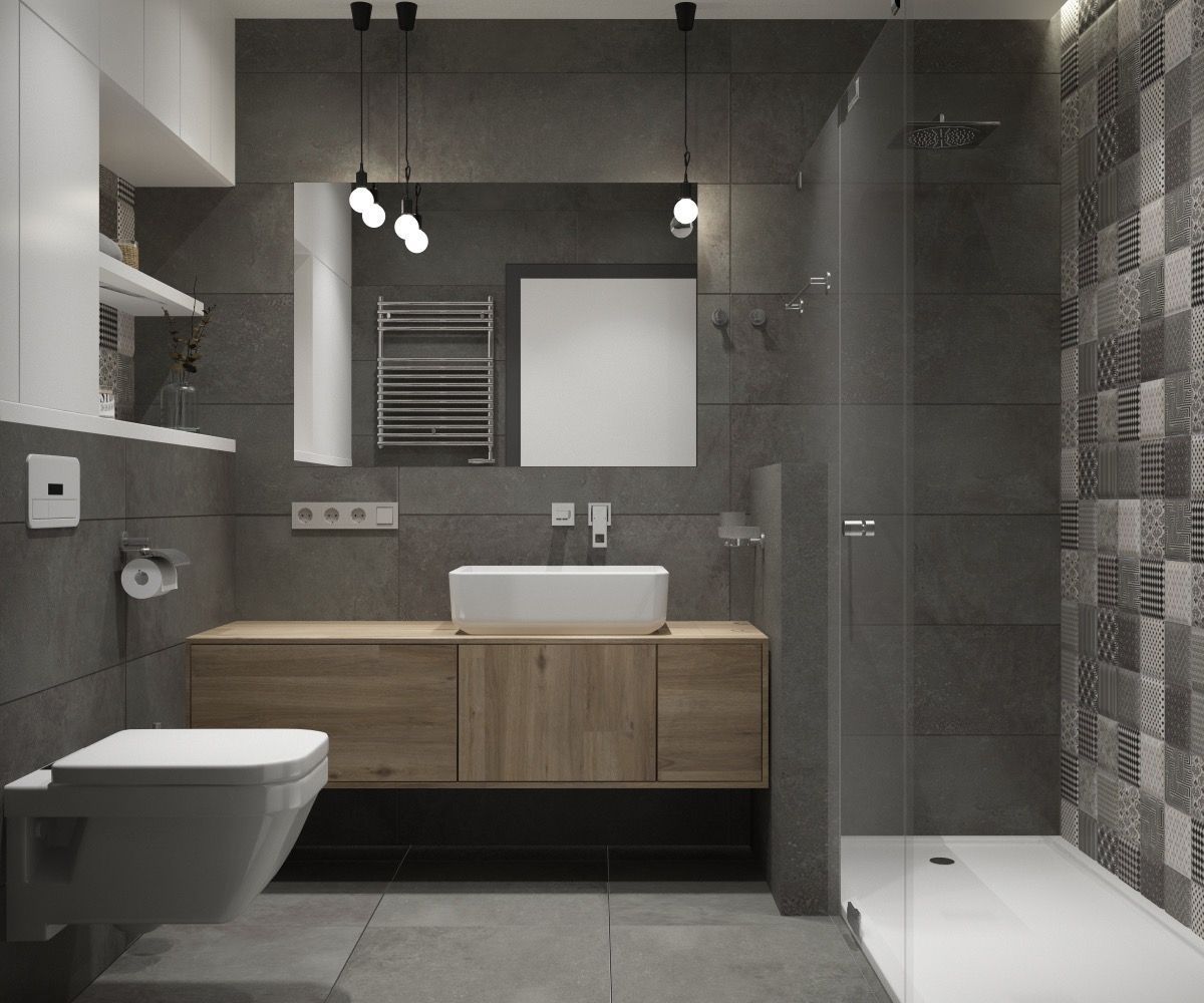 salle de bain grise petite touche de bois déco minimaliste suspensions