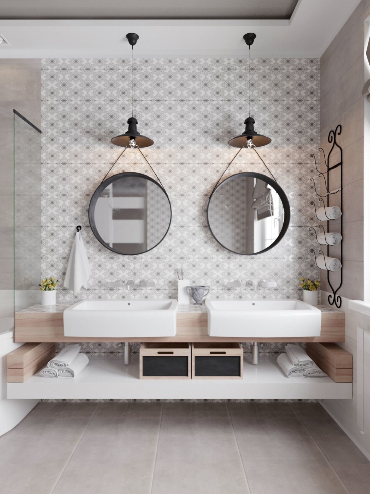 salle de bain industrielle touches de bois carreaux de ciment gris clair
