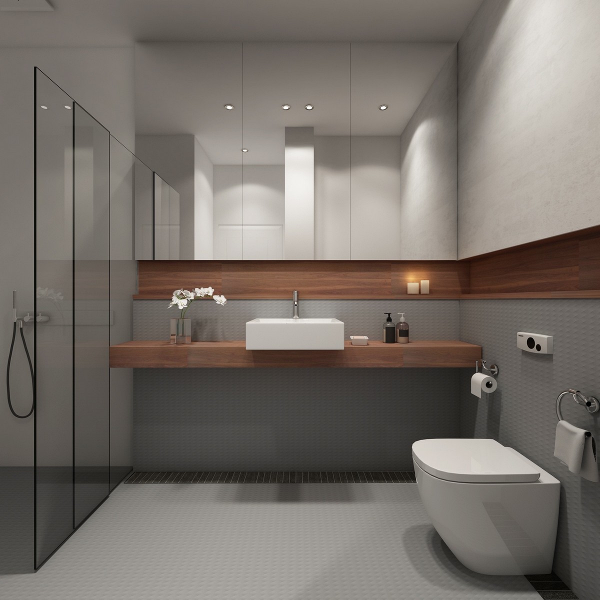 salle de bain sophistiquée déco bois et gris cabine de douche