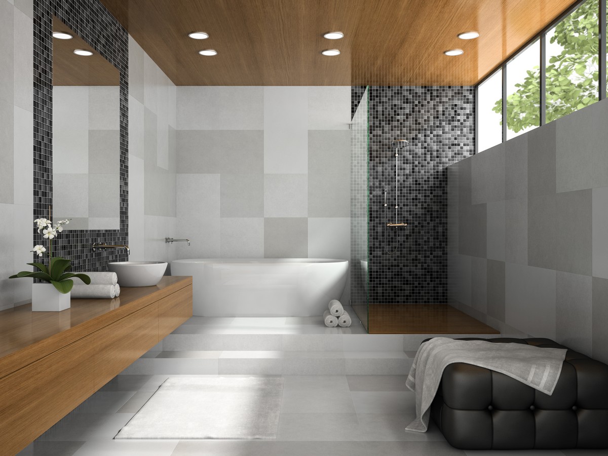 salle de bain stylée déco bois et gris grande surface plantes
