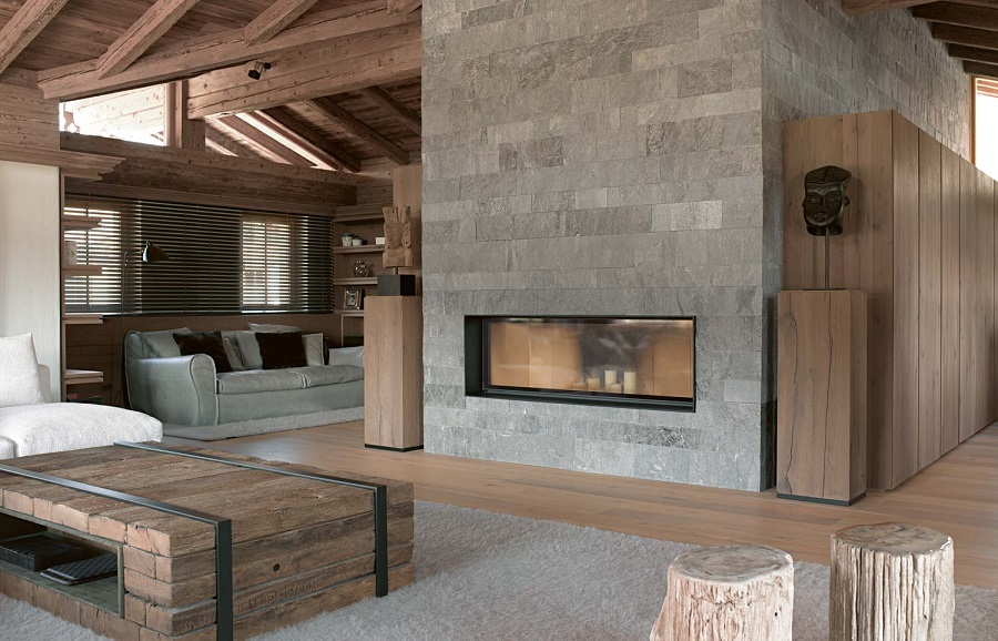 salon moderne bois briques esprit chalet contemporain foyer fermé