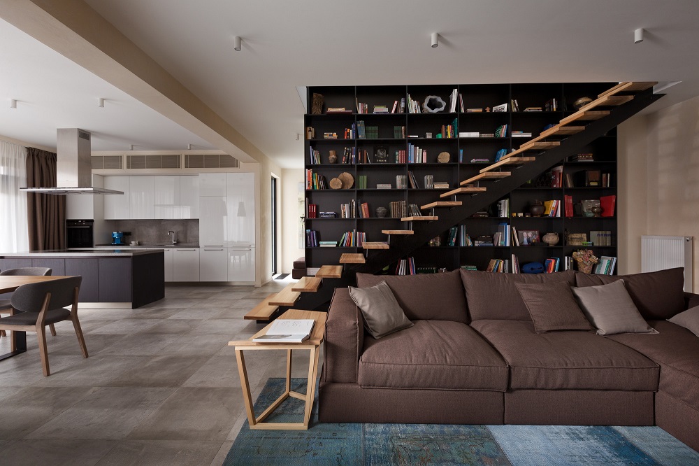 salon moderne meubles escalier flottant en bois