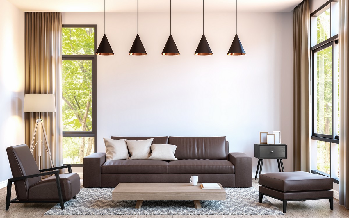 suspensions design meubles en cuir peinture beige clair salon moderne