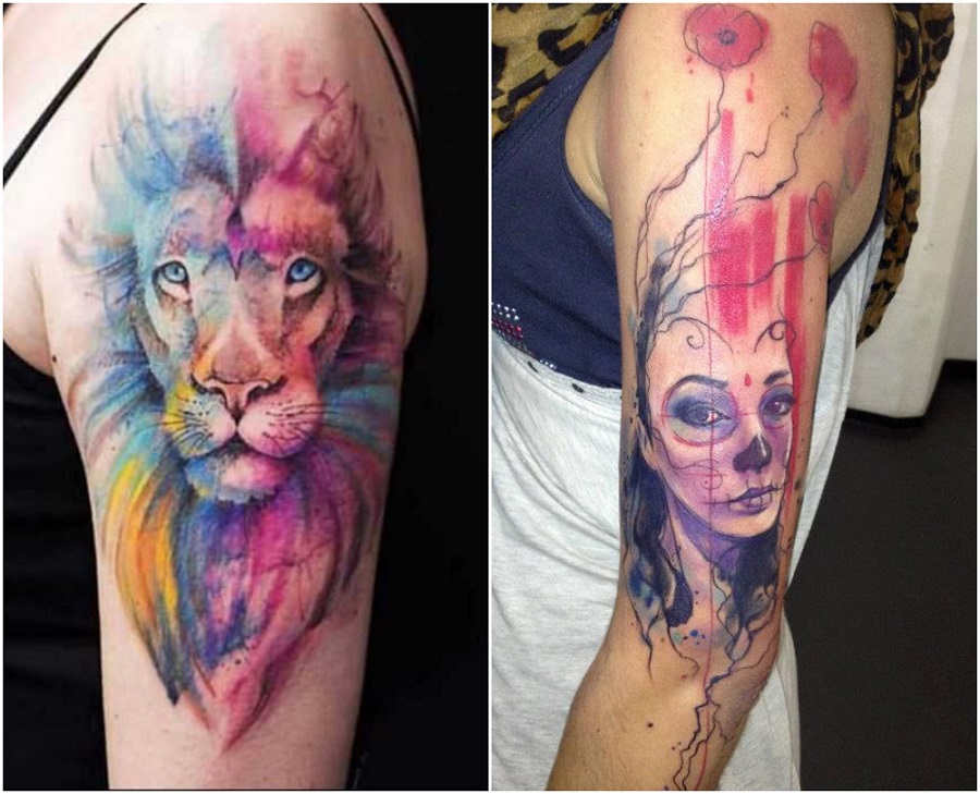 tatouage bras épaule modèle coloré lion visage femme