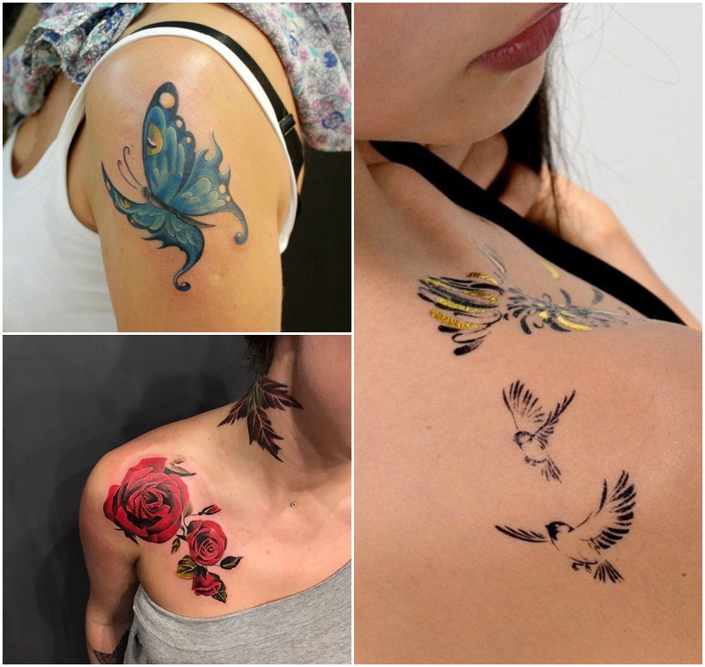tatouages colorés épaule femme style bohème oiseau fleur papillon