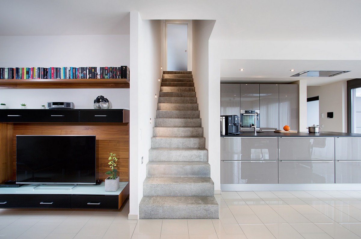 escalier beton interieur cuisine salon décor moderne