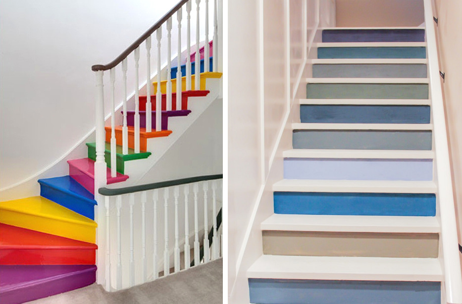 peinture escalier multicolore et contremarches en bleu