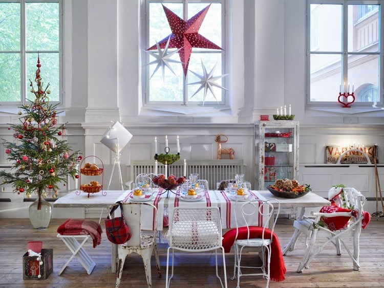 deco table noel vintage rouge et blanc étoile arbre festif