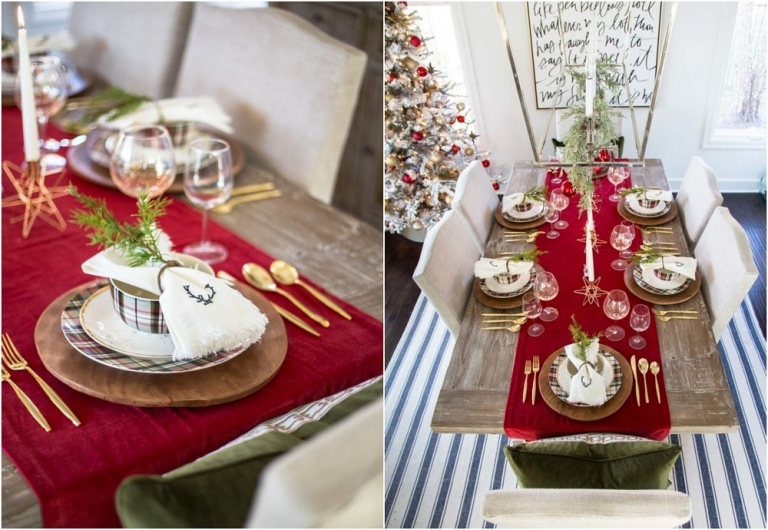 décoration de table classique en blanc et rouge accents en bois table de Noël 2019