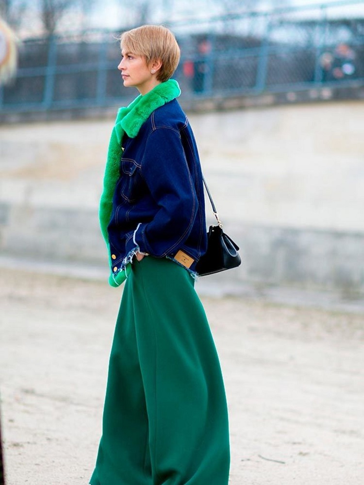 manteau en jeans oversized femme avec col fausse fourrure vert néon