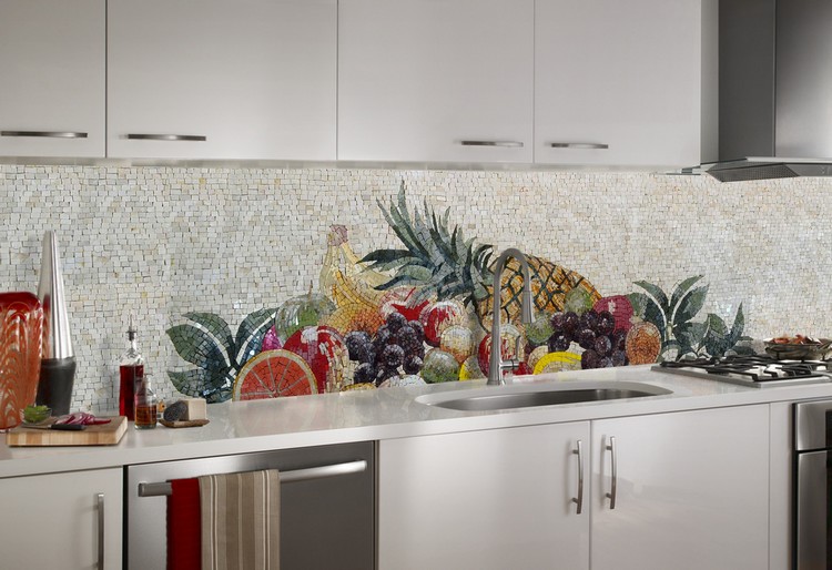 mosaique adhesive cuisine idées déco motif ludique fruits design blanc
