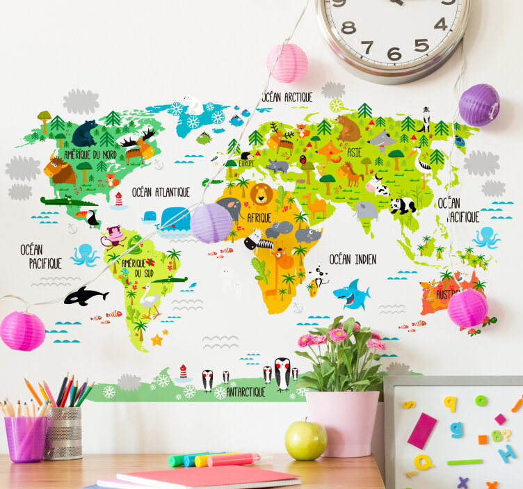 stickers décoratifs éducatifs carte du monde chambre enfant
