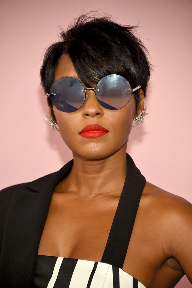 Janelle Monae Pixie cut with thick straight hair