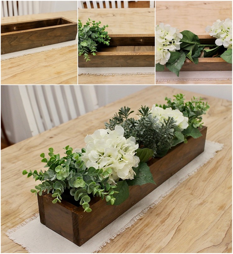 deco table printemps boîte bois fleurs plantes succulentes