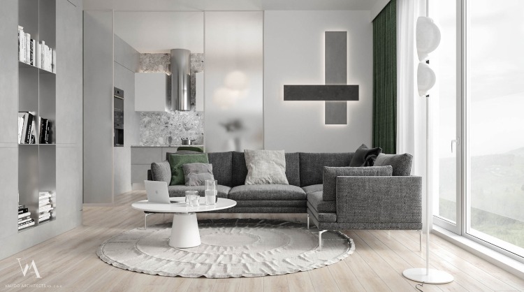 deco vert et gris appartement design matériaux nobles éclairage led
