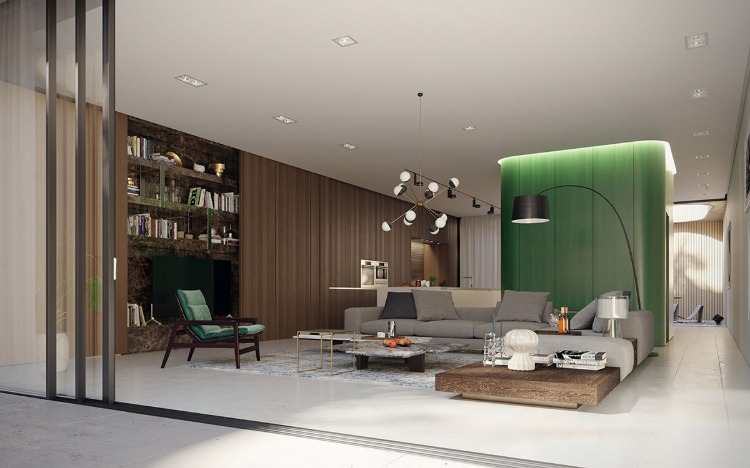 décoration en gris et vert touches boisées design contemporain aménagement espace ouvert
