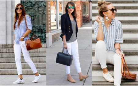 idées tenue de printemps chic jeans blancs chemise